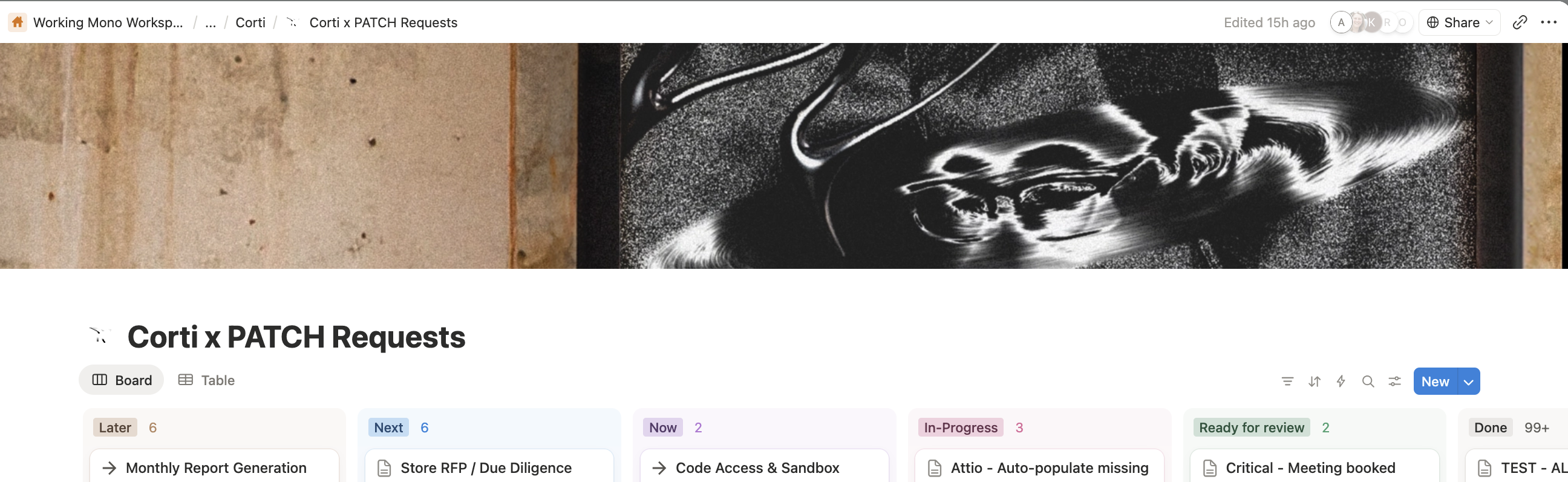 Corti x PATCH Requests - Notion Kanban board tracking 99+ requests