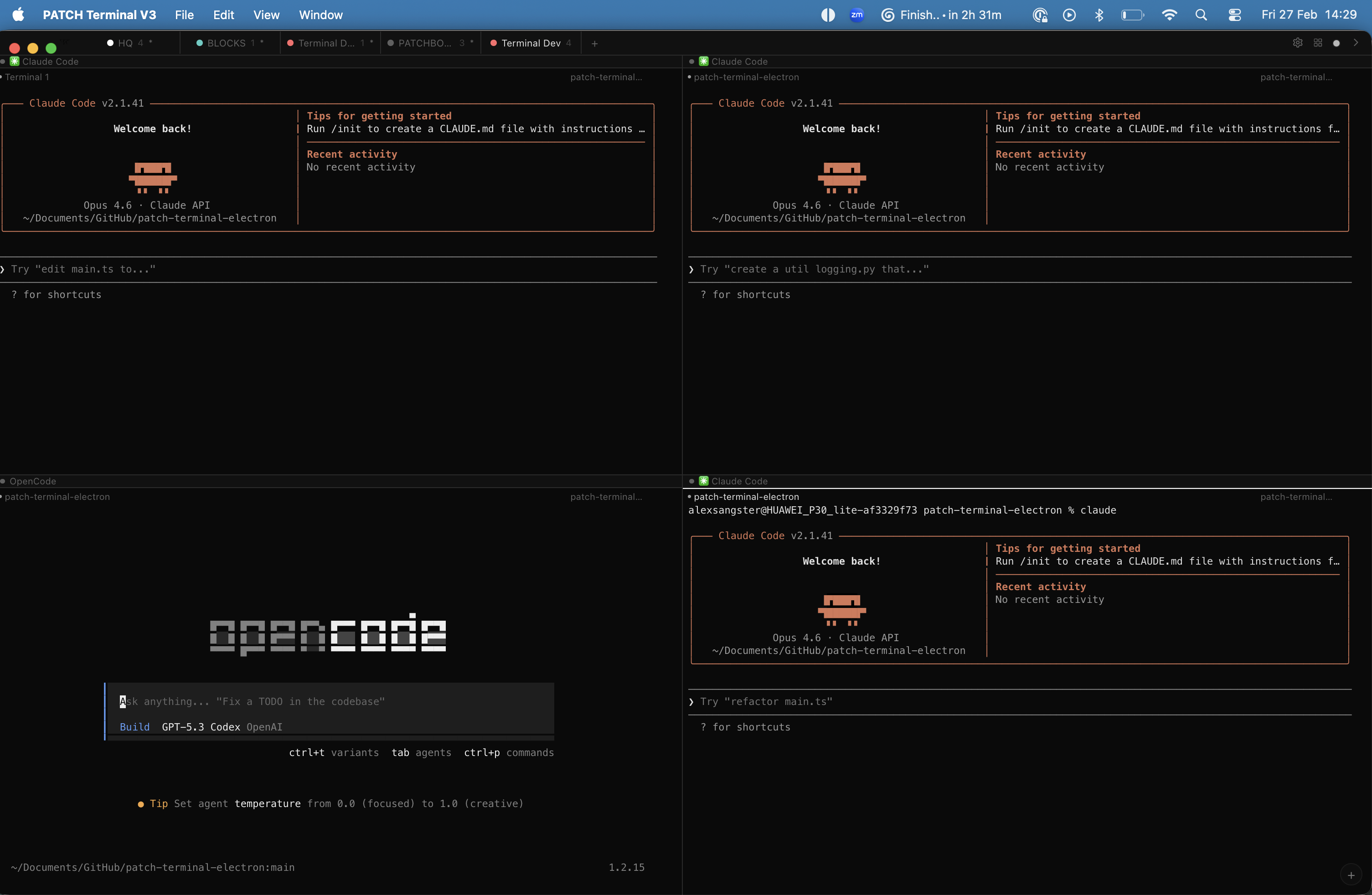 PATCH Delivery Terminal - six AI-assisted sessions per client across seven clients simultaneously